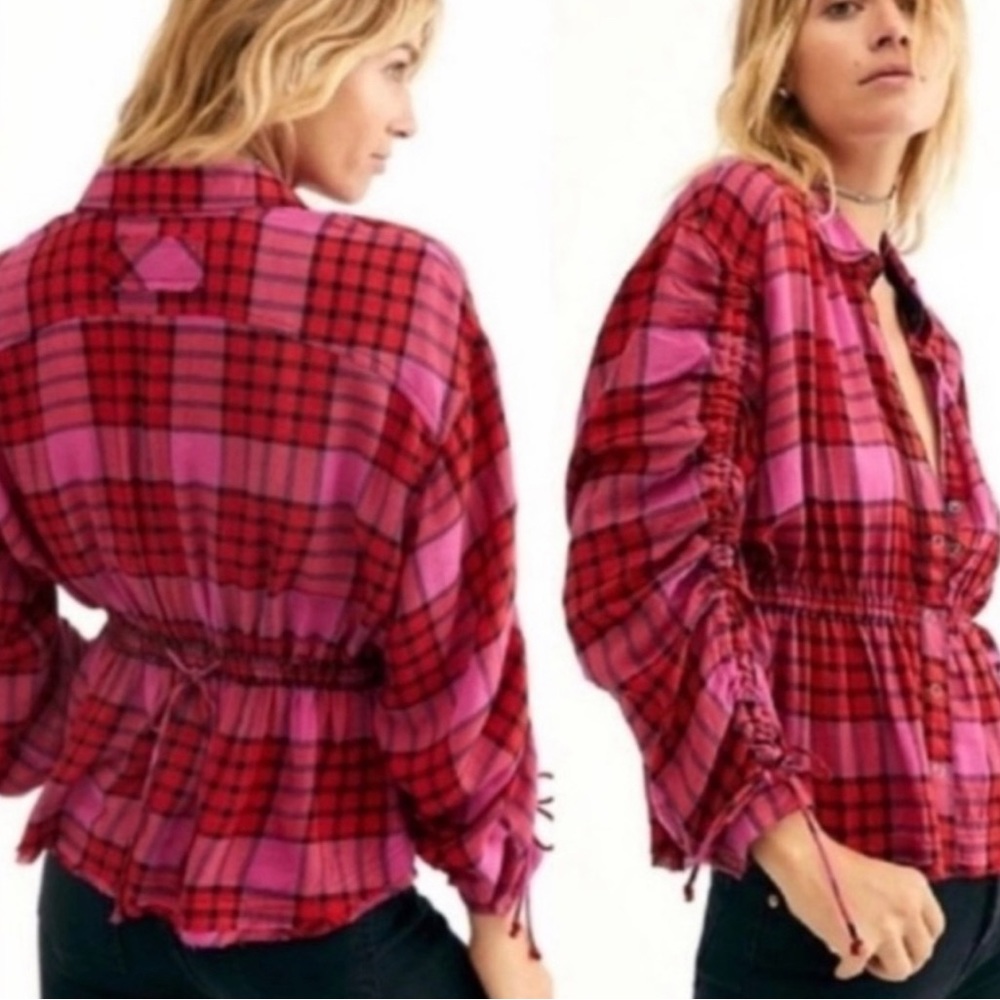 Free people red and pink plaid top